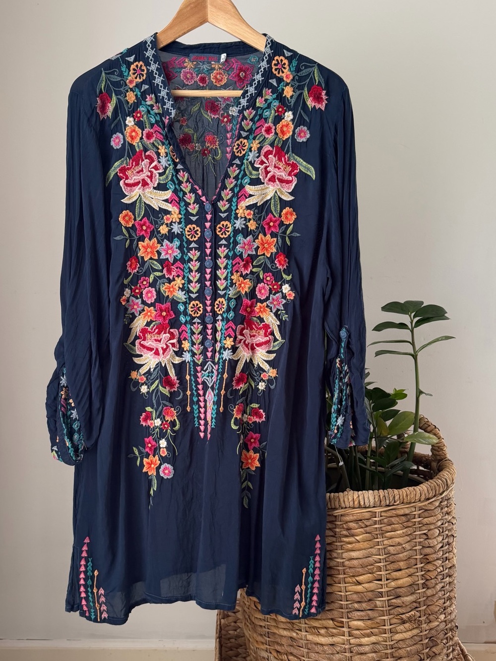 Women's JOHNNY WAS Annette Navy Embroidered Tunic Top Blouse Shirt Dress Size XL